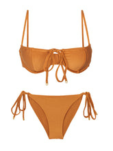 Cargar imagen en el visor de la galería, Product Front: Rio De Sol Ensemble Set Shimmer-Nocciola Balconet-Tie Cheeky-Tie-Gold