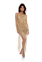 Cargar imagen en el visor de la galería, Model Front: Luli Fama Vêtement De Plage Cross Halter Long Fringe Dress Gold Rush