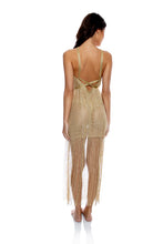 Cargar imagen en el visor de la galería, Model Back: Luli Fama Vêtement De Plage Cross Halter Long Fringe Dress Gold Rush