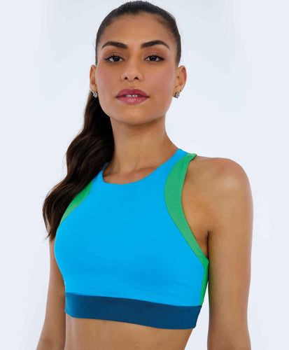Model Front: Alto Giro Fitness Haut Top Blackout Decote Alto Recortes Azul Vivid