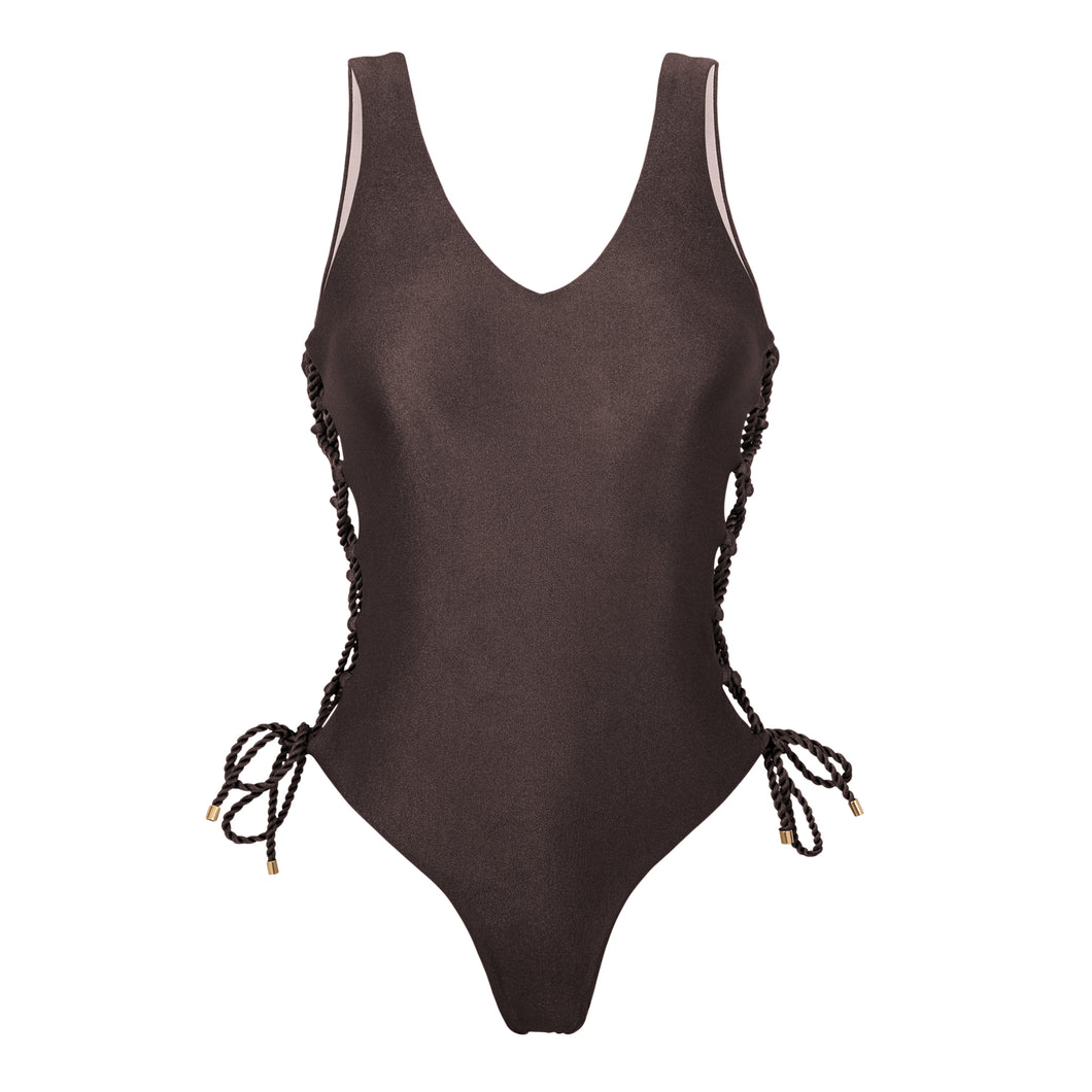 Product Front: Rio De Sol Une Pièce Shimmer-Coffee Zoe